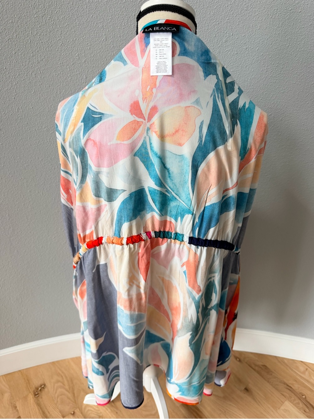 La Blanca Petals Watercolor Floral Tie-Front Kimono Caftan Cover-Up OS - Picture 9 of 11
